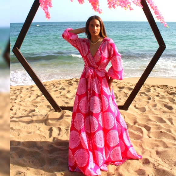 Vintage unbranded Dresses & Skirts - VTG Made In USA Rose Pink Surplice Maxi Dress Sz L Circle Floral Cottagecore